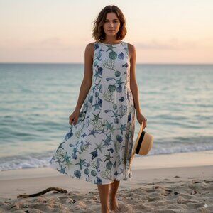 NWT En Saison Kera Midi Dress in Ivory Blue Green Seaworld
